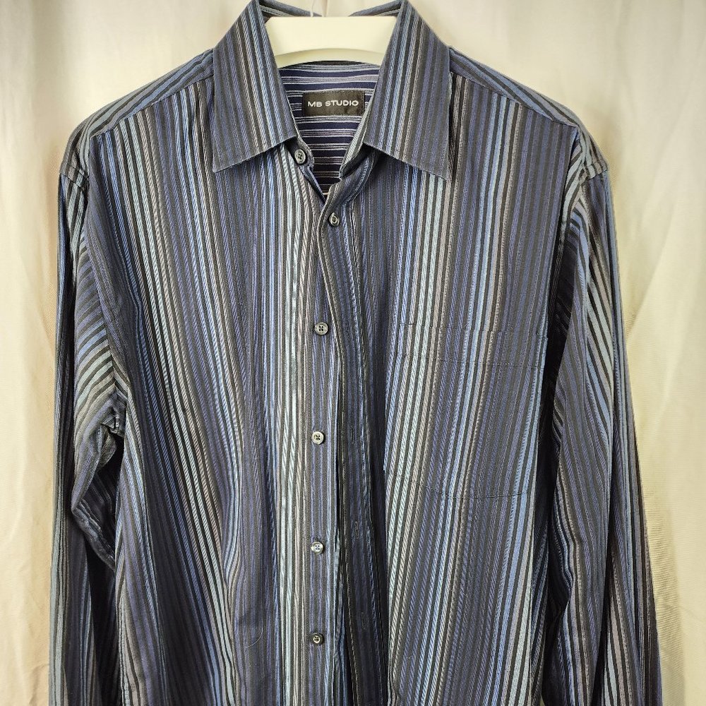 MB Studio black with blue and cream striped dress shirt size Large Tall.